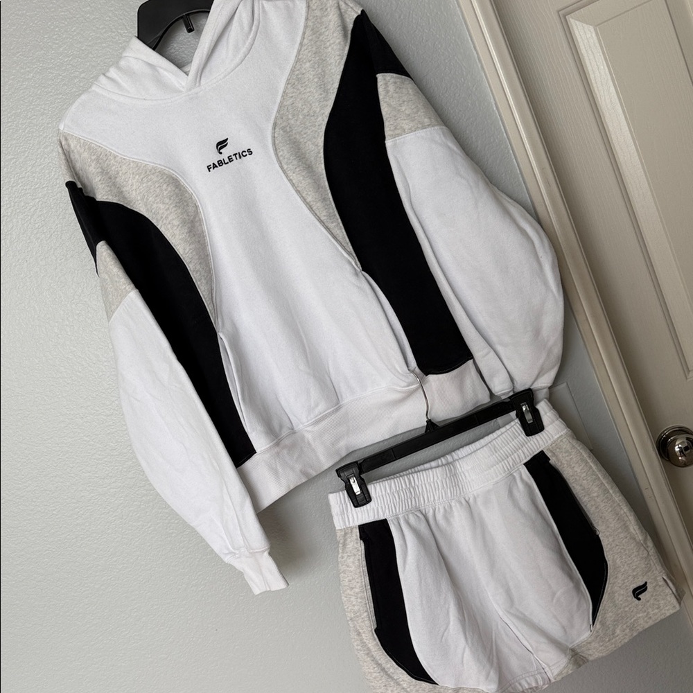 Fabletics White, Black & Heather Gray Two-Piece Active Set